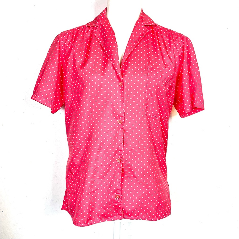 Vintage 80s 90s Loubella Extendables Pink And White Polka Dot Blouse Top Button